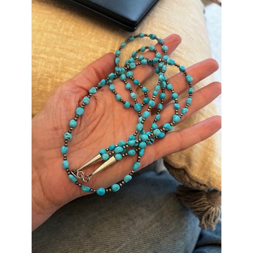 Vintage Genuine Turquoise Sterling Silver 2 strand bead necklace Native American - Picture 9 of 11